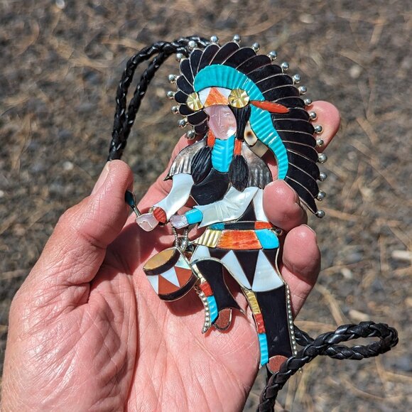 Bolo Tie Zuni Native American Sterling Silver‎ Inlay Rare Chief Ceremonial *** - Picture 1 of 12